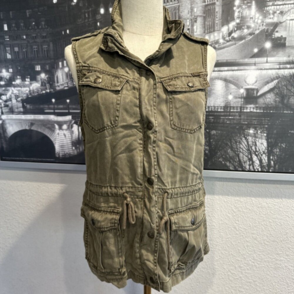 Max Jeans Women’s sz XS Cargo Utility Vest Green 100% Tencel Full Zip Drawstring